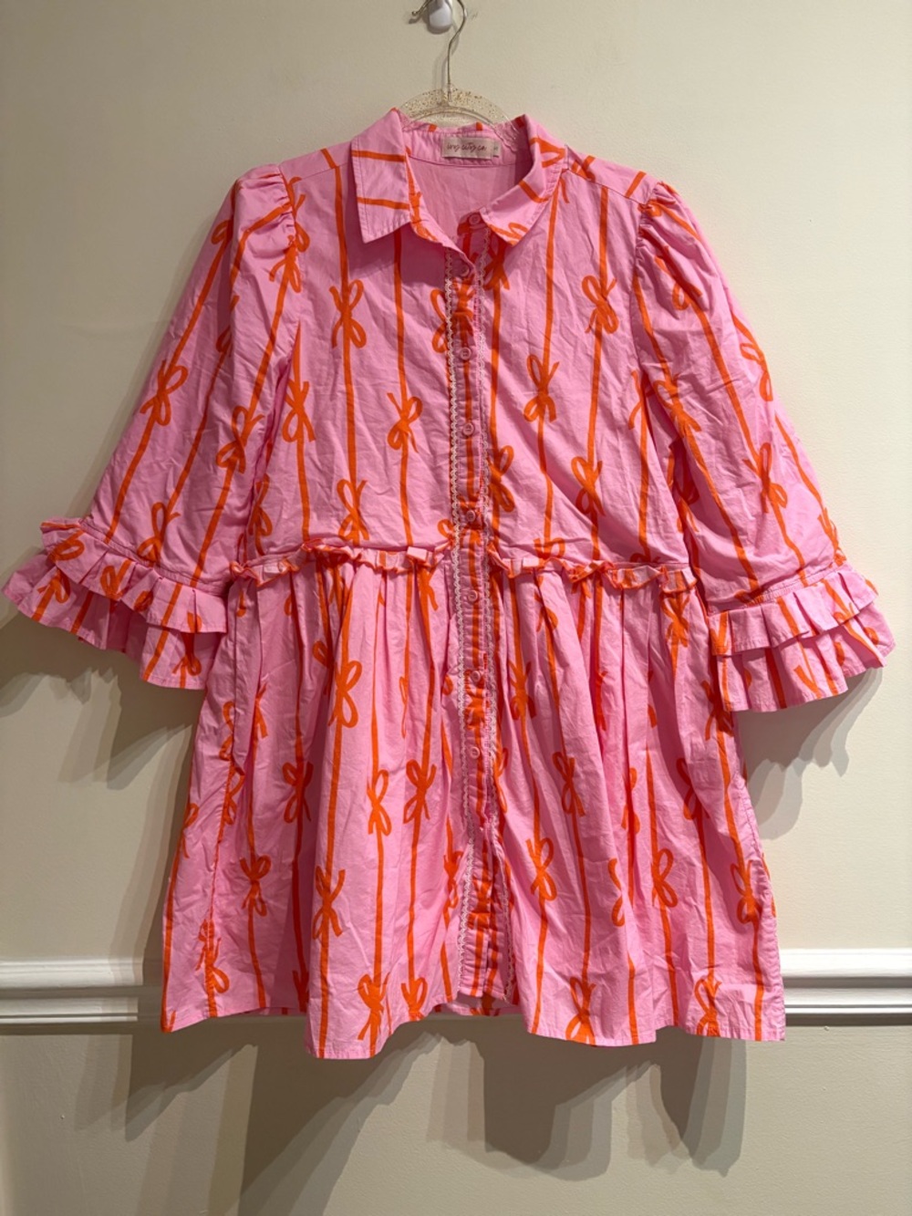 Ivy City Co Bowie Pink Orange Bow Print Cotton Tiered Mini Dress Size Small - Picture 6 of 10